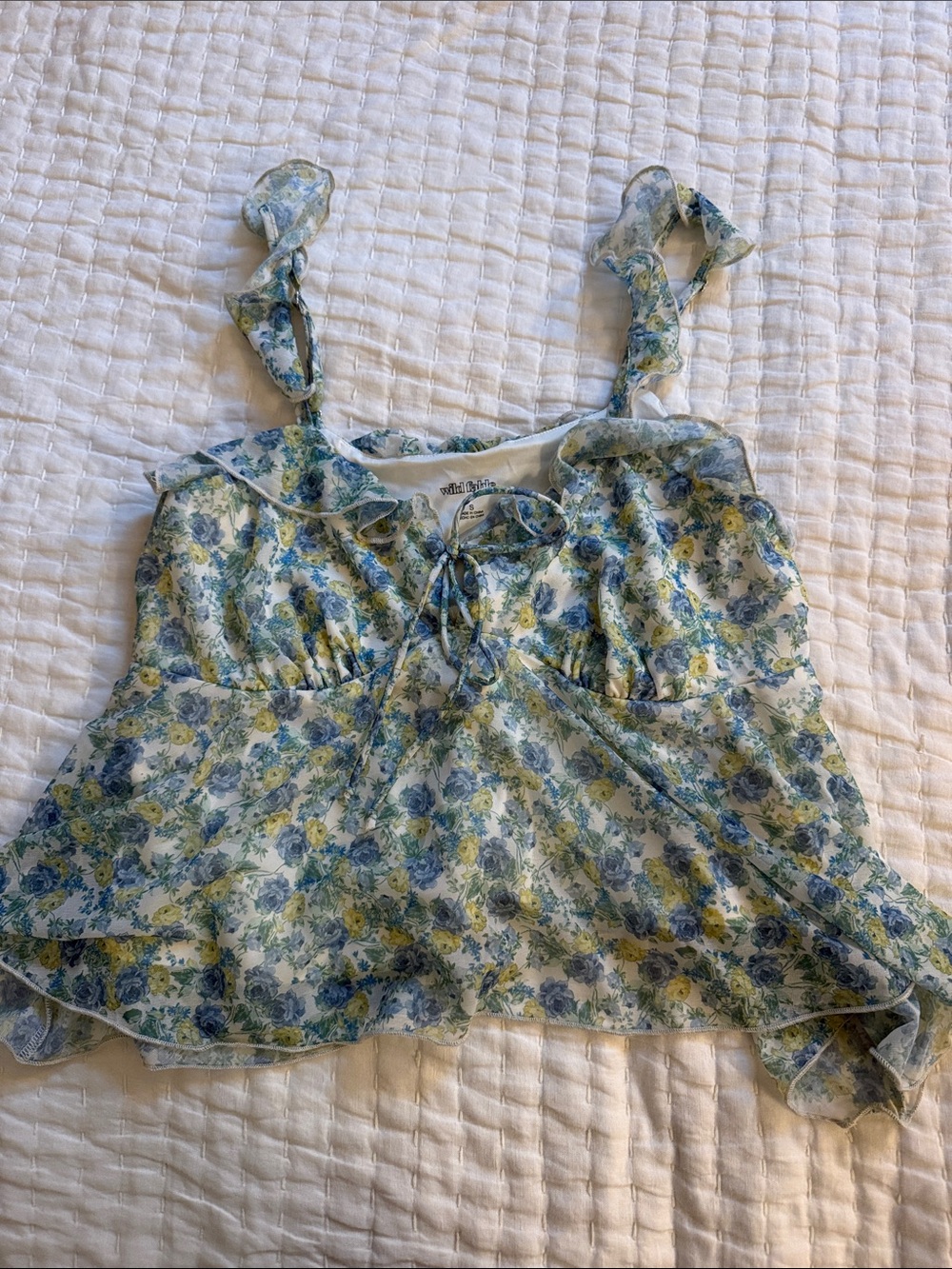Floral Ruffle Tie-Front Women's Tank Top in Blue & Yellow